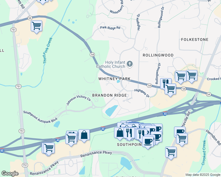 map of restaurants, bars, coffee shops, grocery stores, and more near 600 Audubon Lake Drive in Durham