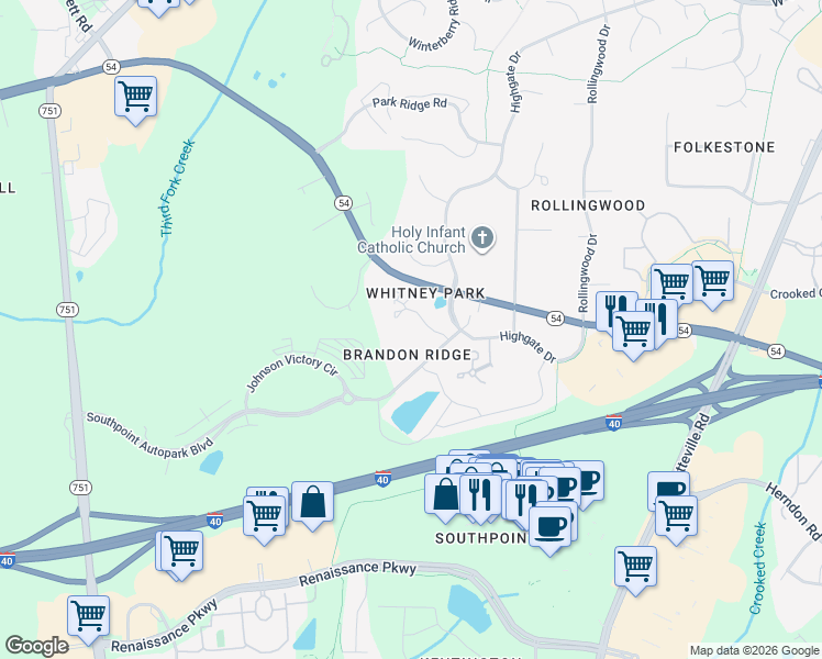 map of restaurants, bars, coffee shops, grocery stores, and more near 501 Cottage Lane in Durham
