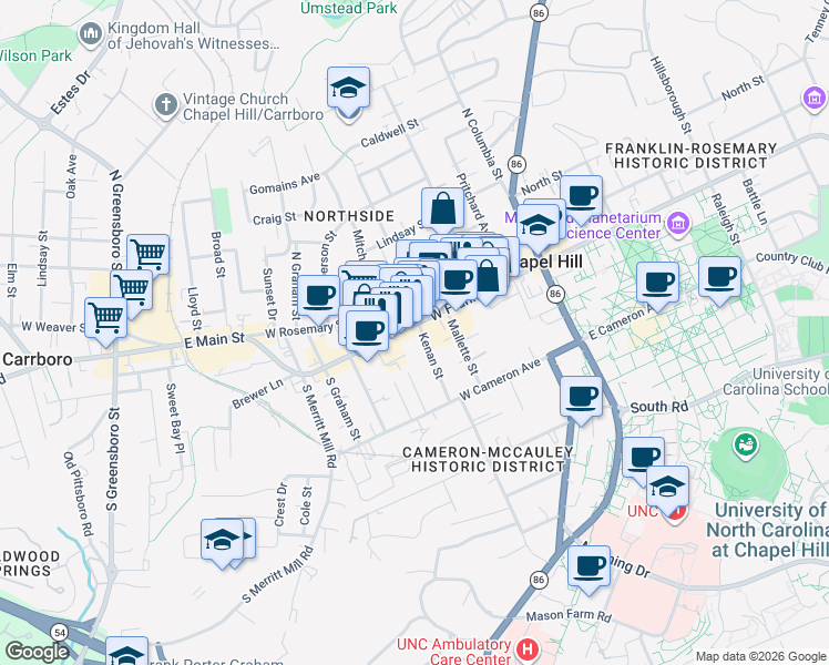 map of restaurants, bars, coffee shops, grocery stores, and more near 310 1/2 West Franklin Street in Chapel Hill