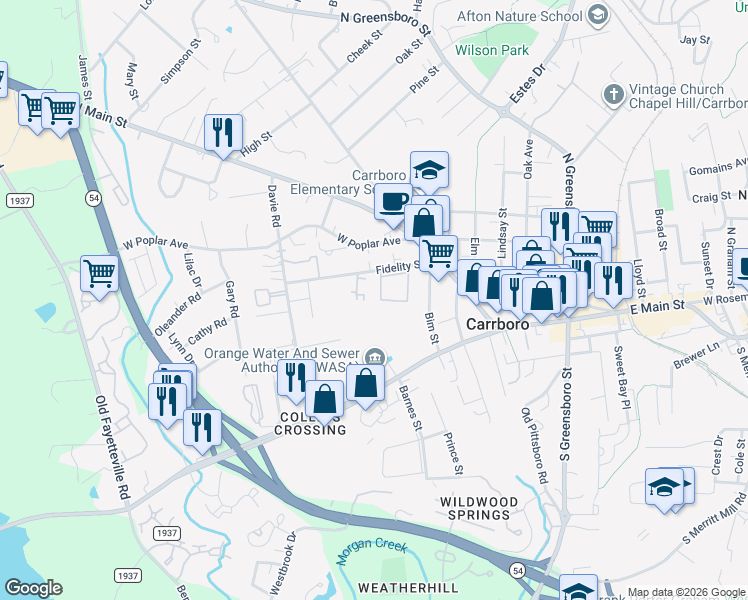 map of restaurants, bars, coffee shops, grocery stores, and more near 105 Fidelity Street in Carrboro