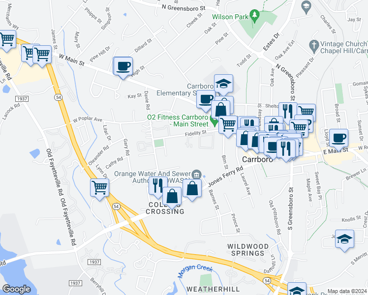map of restaurants, bars, coffee shops, grocery stores, and more near in Carrboro