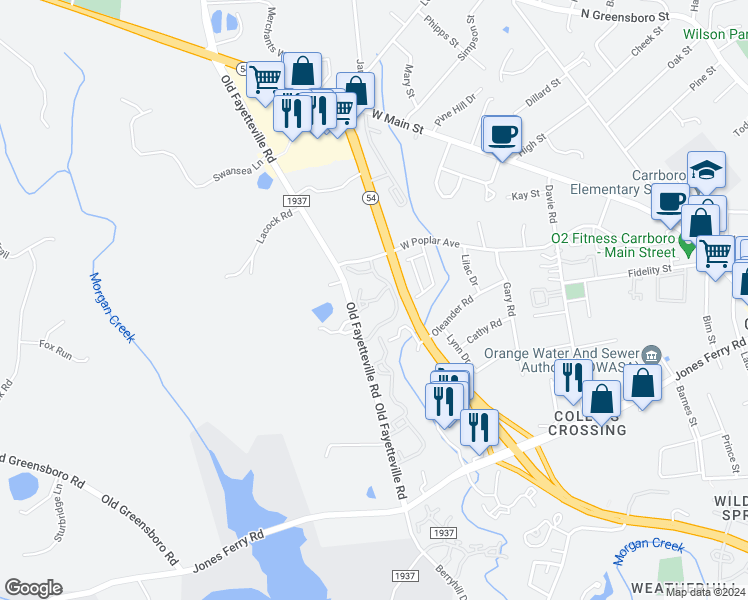 map of restaurants, bars, coffee shops, grocery stores, and more near 200 North Carolina 54 in Carrboro