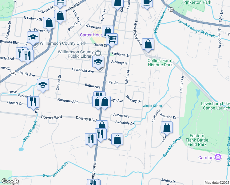 map of restaurants, bars, coffee shops, grocery stores, and more near 156 Generals Retreat Place in Franklin