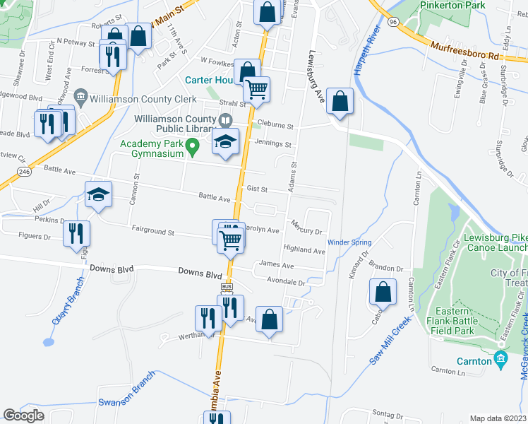 map of restaurants, bars, coffee shops, grocery stores, and more near 156 Generals Retreat Place in Franklin