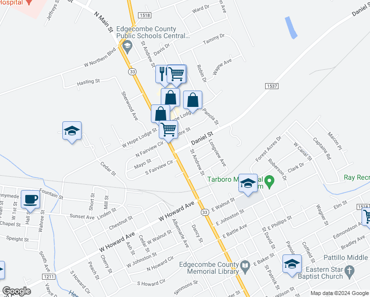 map of restaurants, bars, coffee shops, grocery stores, and more near 107 Daniel Street in Tarboro