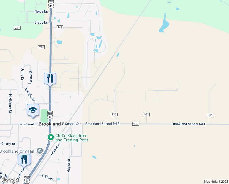map of restaurants, bars, coffee shops, grocery stores, and more near County Road 935 in Brookland