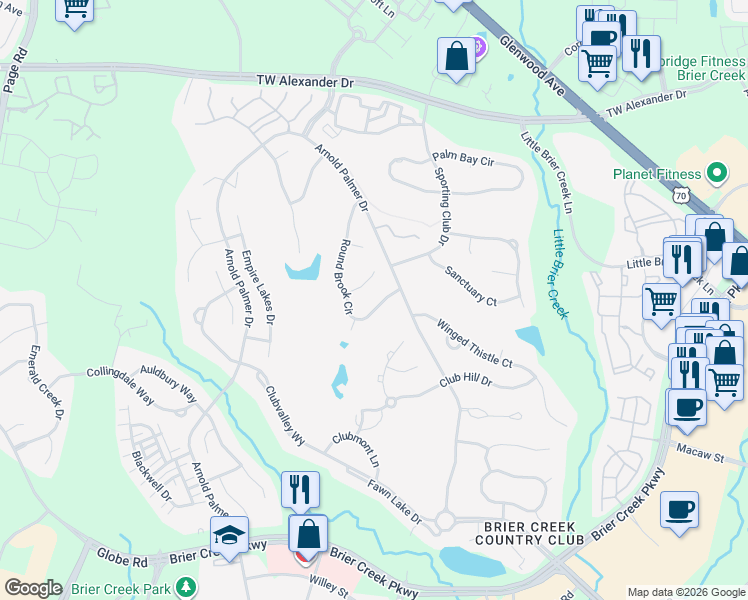map of restaurants, bars, coffee shops, grocery stores, and more near 10704 Round Brook Circle in Raleigh
