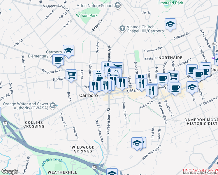 map of restaurants, bars, coffee shops, grocery stores, and more near 200 North Greensboro Street in Carrboro