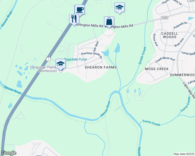 map of restaurants, bars, coffee shops, grocery stores, and more near 9701 Corktree Court in Wake Forest