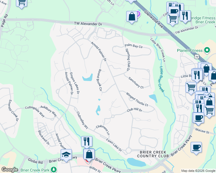 map of restaurants, bars, coffee shops, grocery stores, and more near 10704 Round Brook Circle in Raleigh