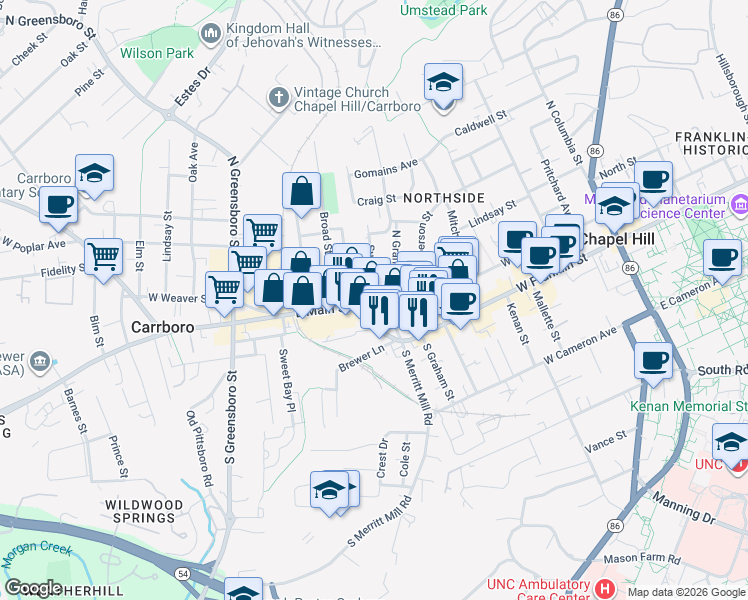 map of restaurants, bars, coffee shops, grocery stores, and more near 205 Sunset Drive in Chapel Hill