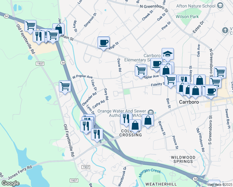 map of restaurants, bars, coffee shops, grocery stores, and more near 201 Gary Road in Carrboro