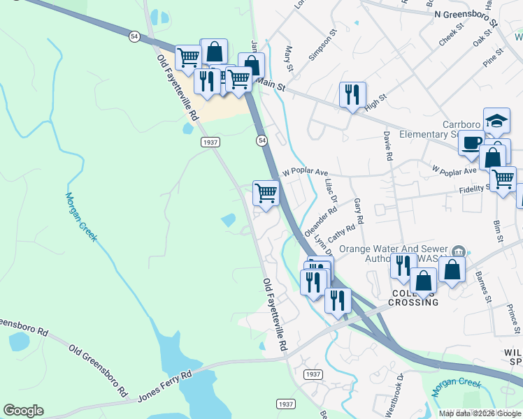 map of restaurants, bars, coffee shops, grocery stores, and more near 200 North Carolina 54 in Carrboro