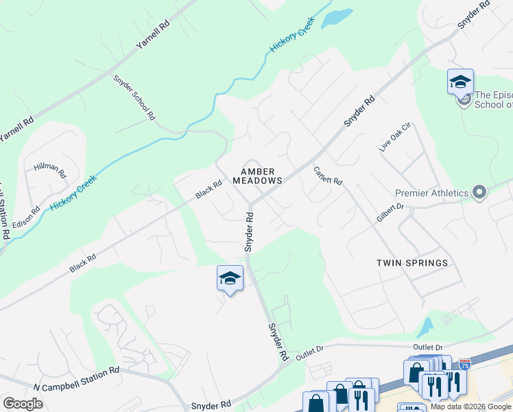 map of restaurants, bars, coffee shops, grocery stores, and more near 1200 Snyder School Road in Knoxville