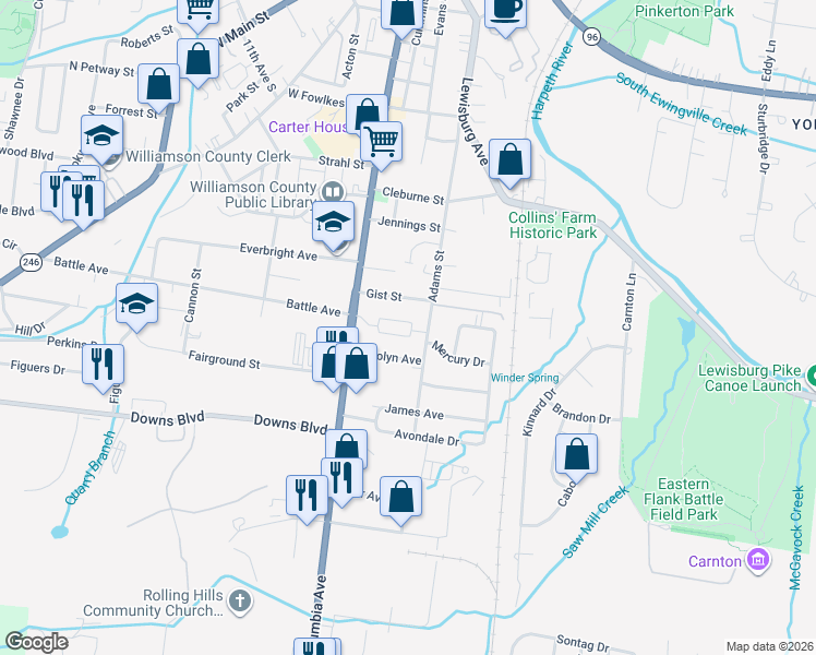map of restaurants, bars, coffee shops, grocery stores, and more near 156 Generals Retreat Place in Franklin