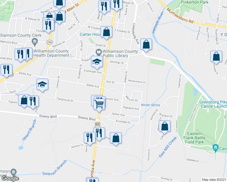 map of restaurants, bars, coffee shops, grocery stores, and more near 156 Generals Retreat Place in Franklin