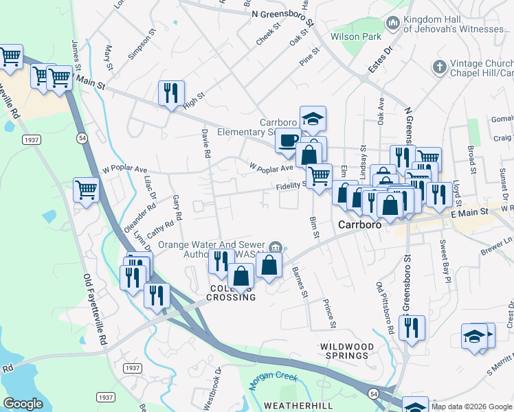 map of restaurants, bars, coffee shops, grocery stores, and more near 119 Fidelity Street in Carrboro
