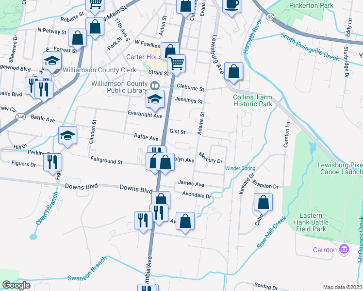 map of restaurants, bars, coffee shops, grocery stores, and more near 156 Generals Retreat Place in Franklin