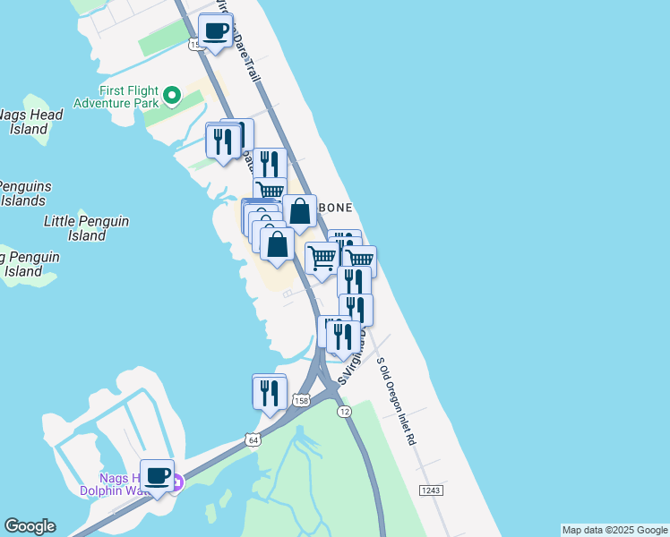 map of restaurants, bars, coffee shops, grocery stores, and more near 7128 South Virginia Dare Trail in Kill Devil Hills