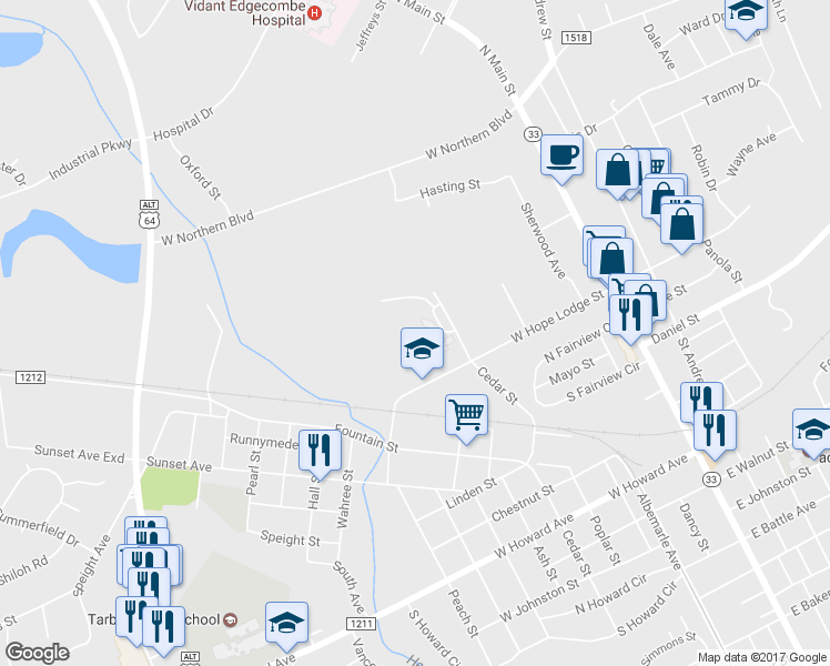 map of restaurants, bars, coffee shops, grocery stores, and more near 400 West Hope Lodge Street in Tarboro