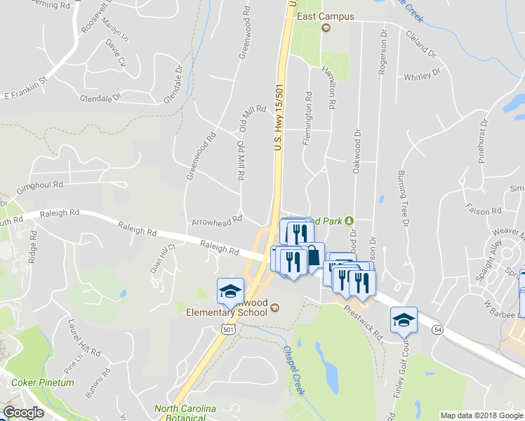 map of restaurants, bars, coffee shops, grocery stores, and more near 902 Christopher Road in Chapel Hill