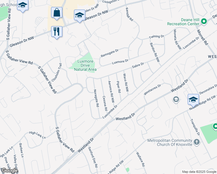 map of restaurants, bars, coffee shops, grocery stores, and more near 708 Cessna Road in Knoxville