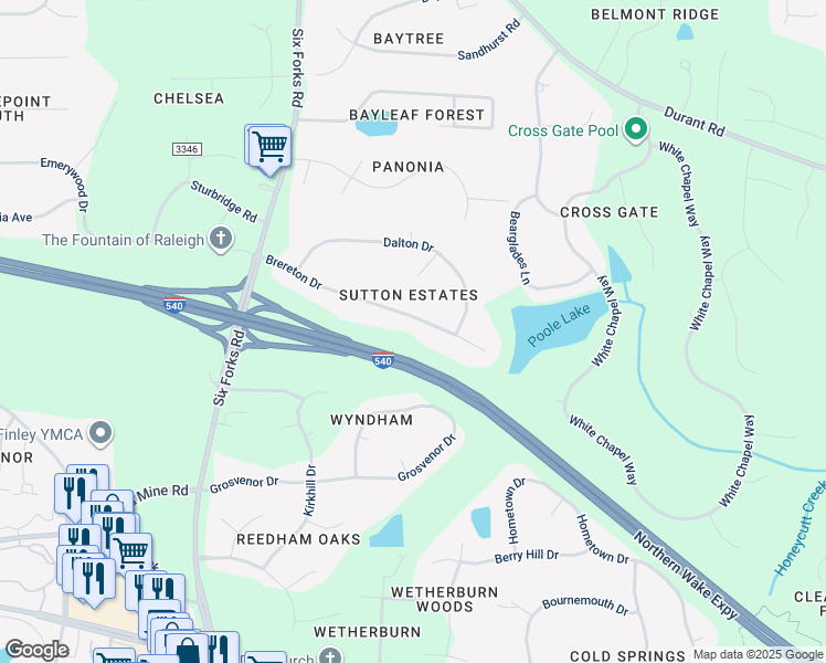 map of restaurants, bars, coffee shops, grocery stores, and more near 136 Brereton Drive in Raleigh