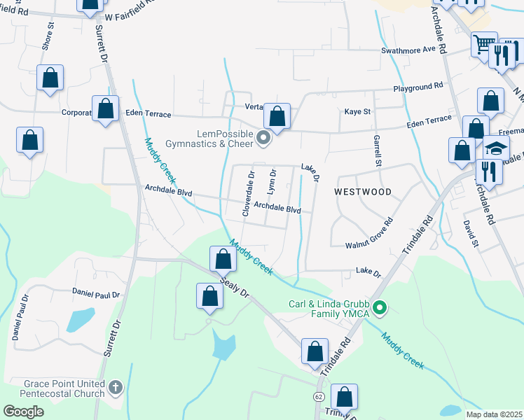 map of restaurants, bars, coffee shops, grocery stores, and more near 202 Lynn Drive in Archdale