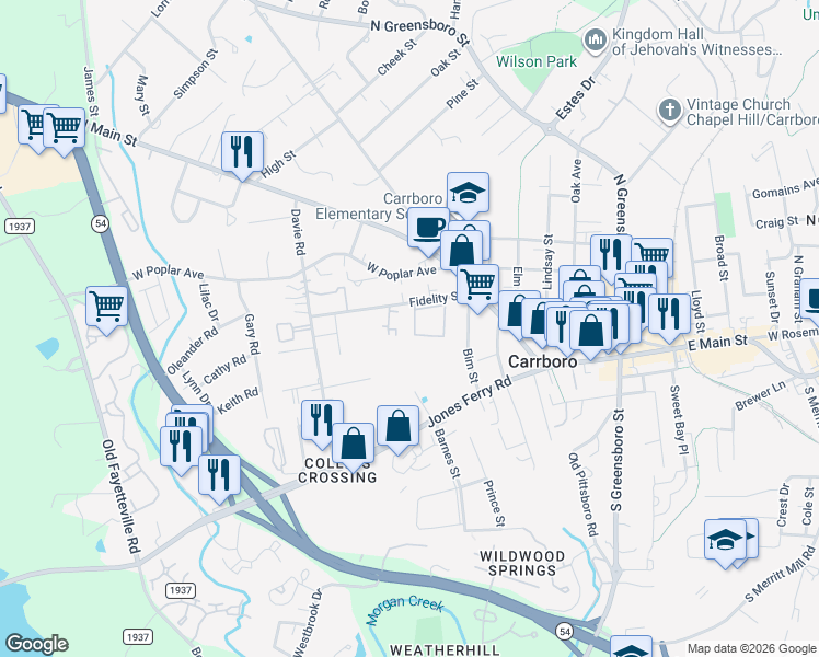 map of restaurants, bars, coffee shops, grocery stores, and more near 105 Fidelity Street in Carrboro
