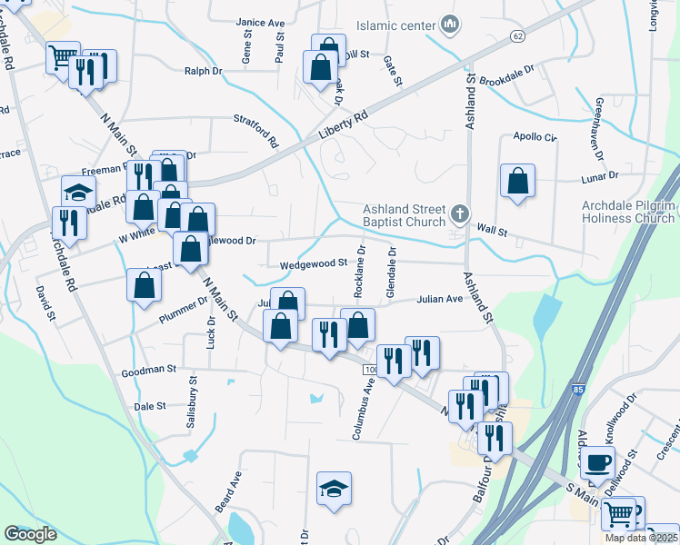 map of restaurants, bars, coffee shops, grocery stores, and more near 226 Wedgewood Street in Archdale