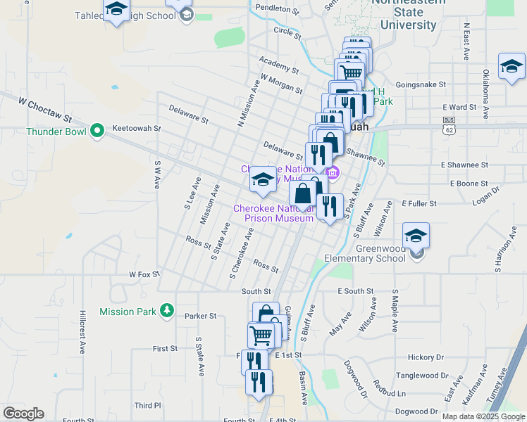 map of restaurants, bars, coffee shops, grocery stores, and more near 300 South College Avenue in Tahlequah