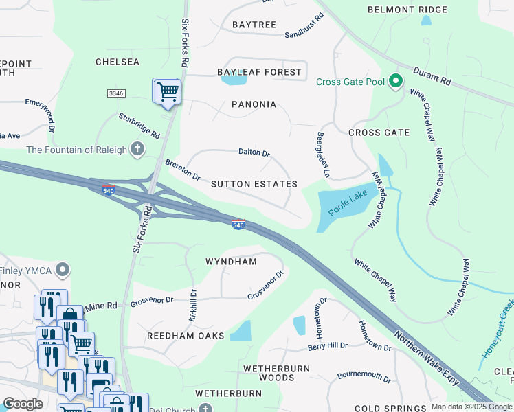 map of restaurants, bars, coffee shops, grocery stores, and more near 136 Brereton Drive in Raleigh