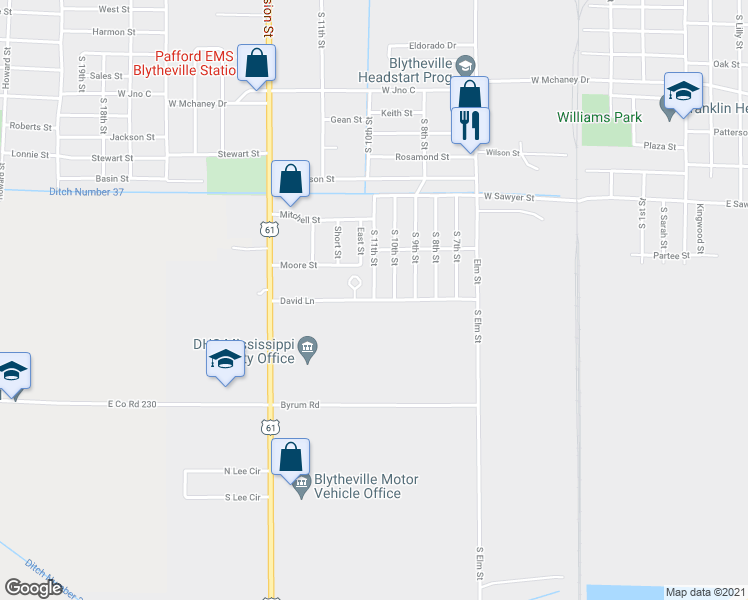 map of restaurants, bars, coffee shops, grocery stores, and more near 1099 David Lane in Blytheville