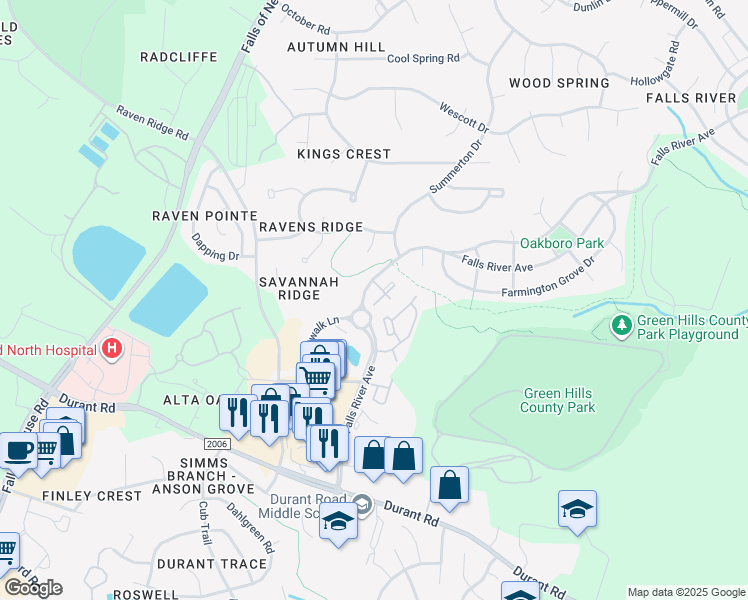 map of restaurants, bars, coffee shops, grocery stores, and more near 1300 Durlain Drive in Raleigh