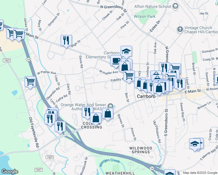 map of restaurants, bars, coffee shops, grocery stores, and more near in Carrboro