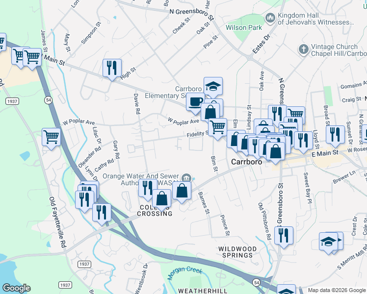 map of restaurants, bars, coffee shops, grocery stores, and more near in Carrboro