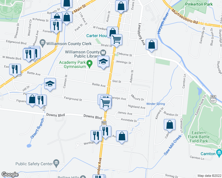 map of restaurants, bars, coffee shops, grocery stores, and more near 101 Generals Retreat Place in Franklin