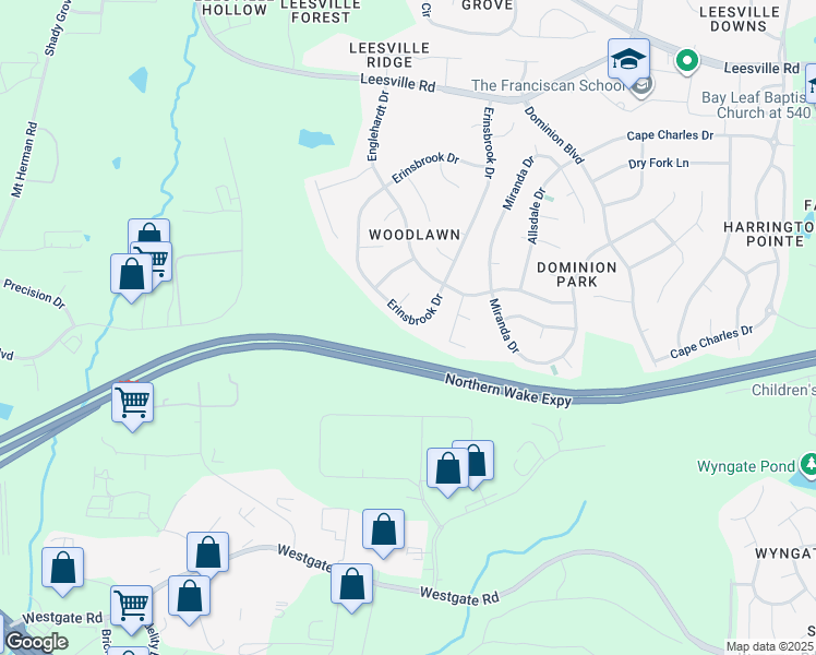map of restaurants, bars, coffee shops, grocery stores, and more near 9216 Erinsbrook Drive in Raleigh