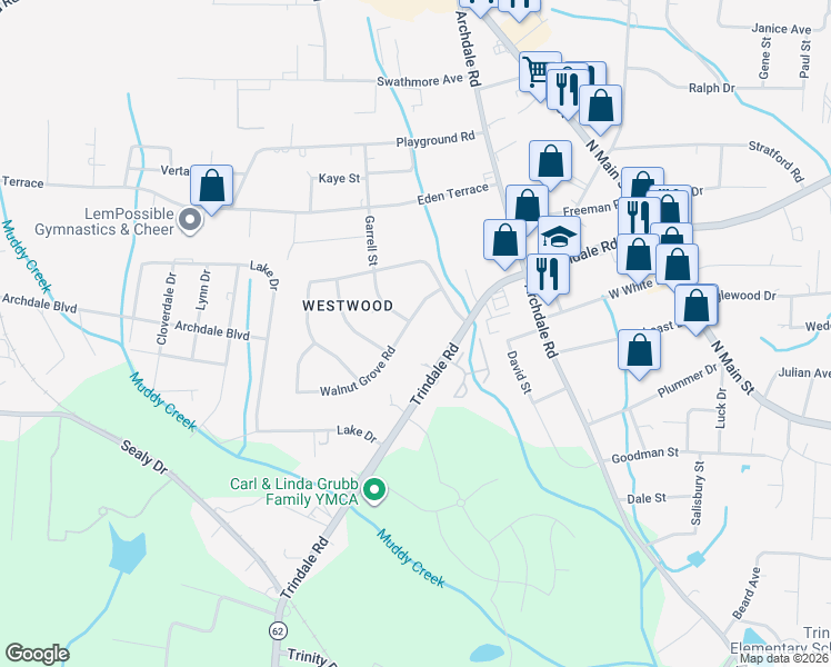 map of restaurants, bars, coffee shops, grocery stores, and more near 201 Walnut Grove Road in Archdale
