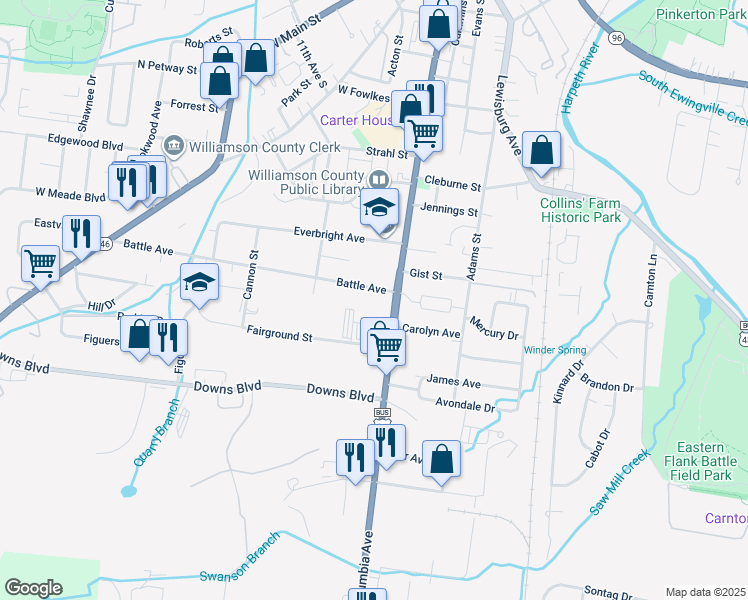 map of restaurants, bars, coffee shops, grocery stores, and more near 105 Battle Avenue in Franklin