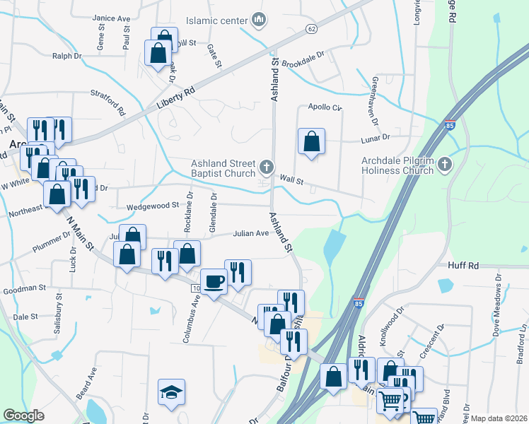 map of restaurants, bars, coffee shops, grocery stores, and more near 500 Ashland Street in Archdale