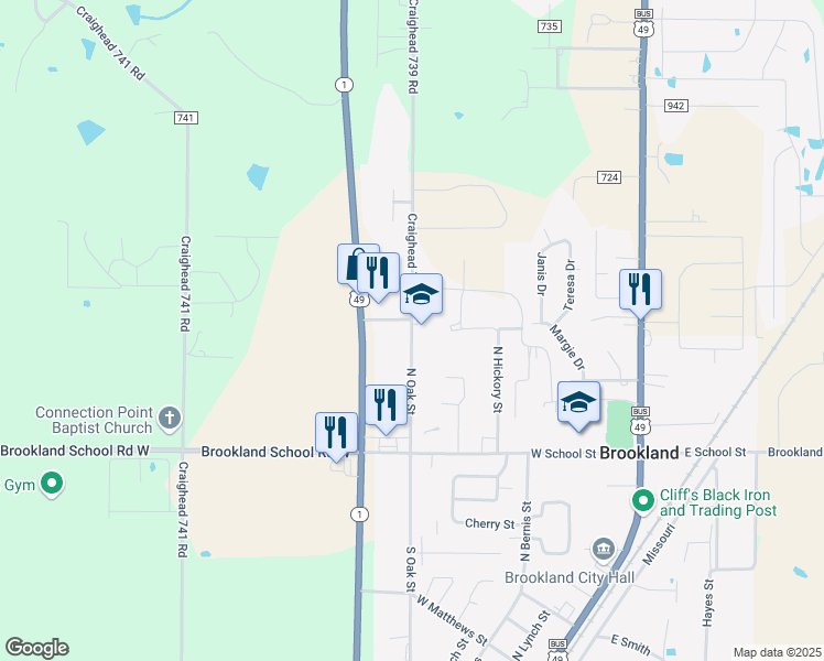 map of restaurants, bars, coffee shops, grocery stores, and more near 220 North Oak Street in Brookland