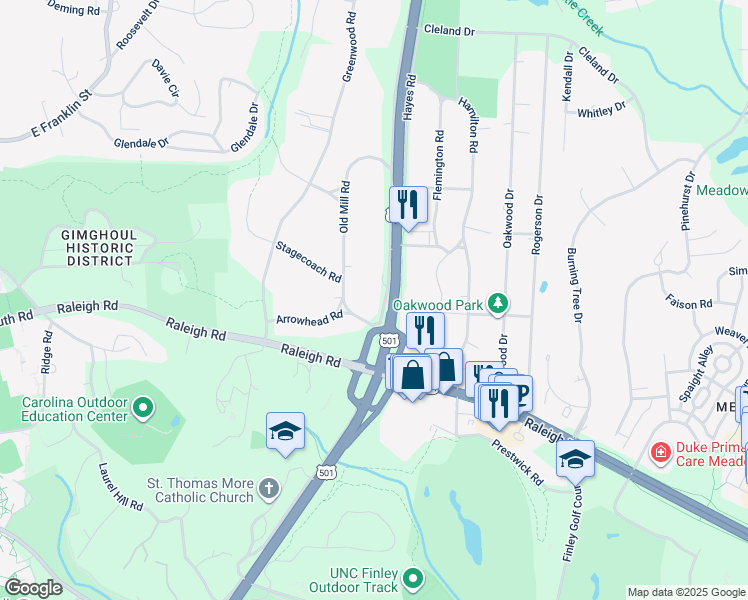 map of restaurants, bars, coffee shops, grocery stores, and more near 902 Christopher Road in Chapel Hill
