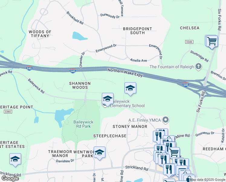 map of restaurants, bars, coffee shops, grocery stores, and more near 600 Misty Isle Place in Raleigh