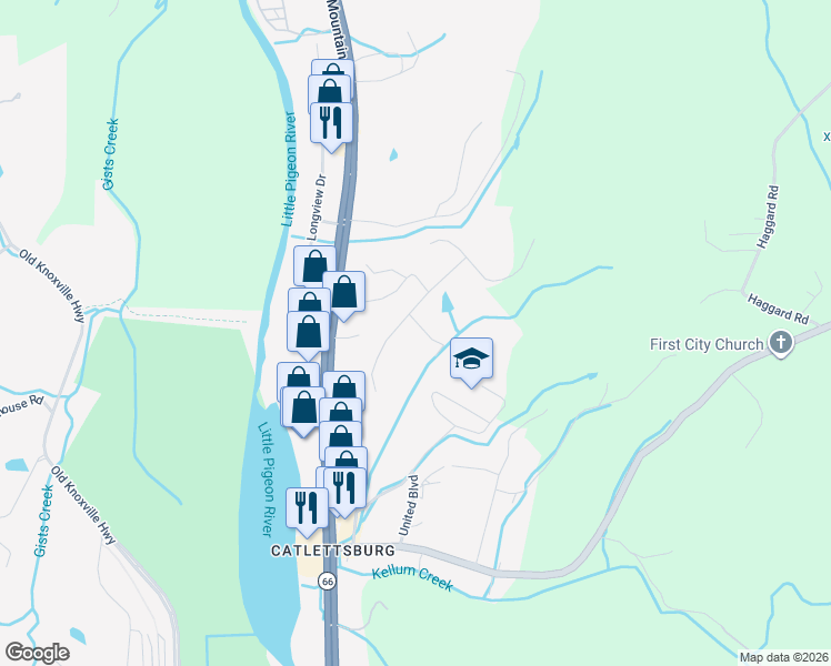 map of restaurants, bars, coffee shops, grocery stores, and more near 135 Overlook Drive in Sevierville