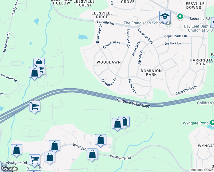 map of restaurants, bars, coffee shops, grocery stores, and more near 9216 Erinsbrook Drive in Raleigh