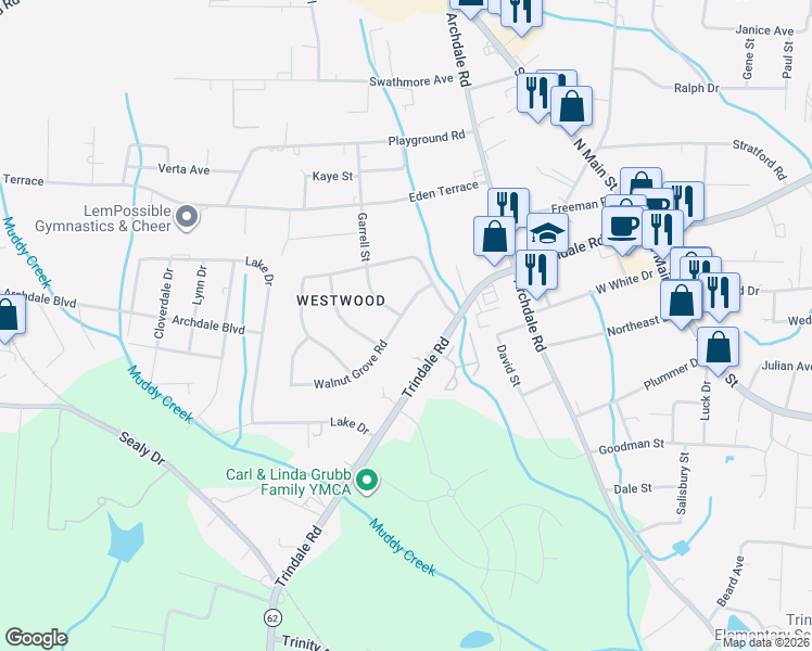 map of restaurants, bars, coffee shops, grocery stores, and more near 201 Walnut Grove Road in Archdale