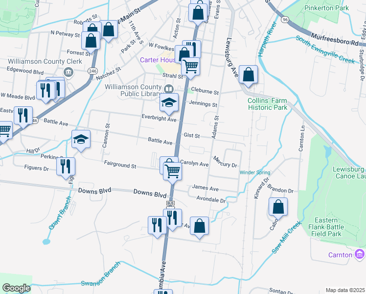 map of restaurants, bars, coffee shops, grocery stores, and more near 133 Generals Retreat Place in Franklin