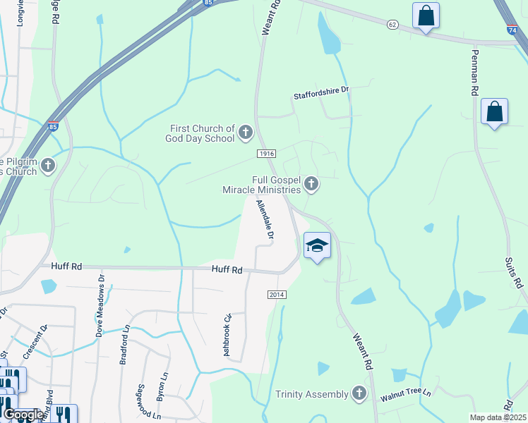 map of restaurants, bars, coffee shops, grocery stores, and more near 6538 Allendale Drive in Archdale
