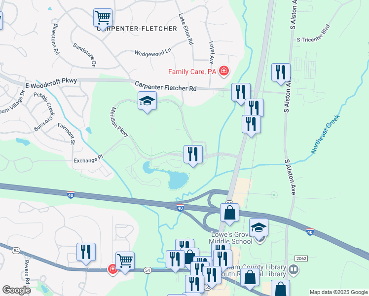 map of restaurants, bars, coffee shops, grocery stores, and more near 2520 Meridian Parkway in Durham